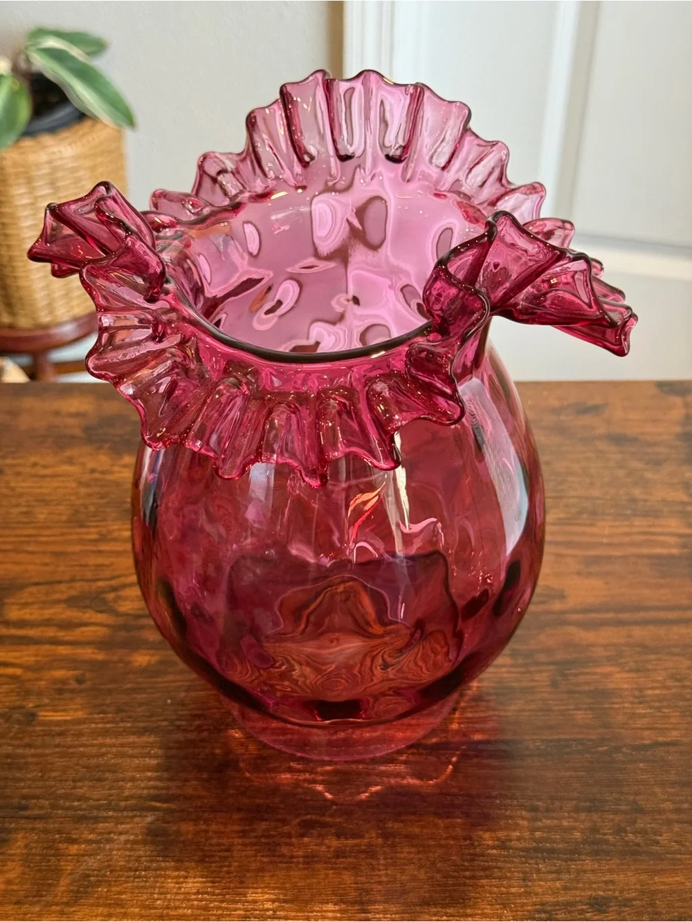 Vintage Fenton Cranberry Glass Diamond Optic Lamp Shade Ruffled Crimp 8.5”